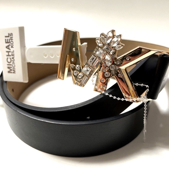 NWT Original MICHAEL KORS Bejeweled Studded Belt Medium Rhinestones Gold Black - Picture 1 of 6